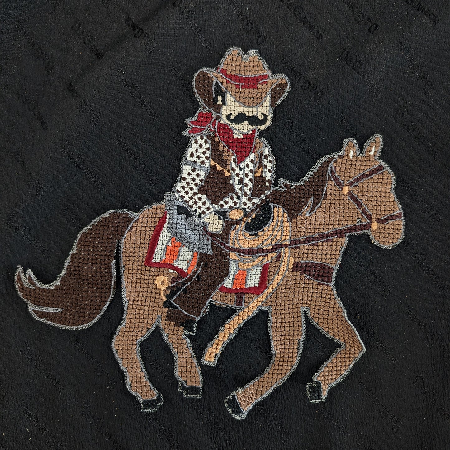 Embroidered brown cowboy riding a horse patch, 22x20cm, made from designer deadstock.