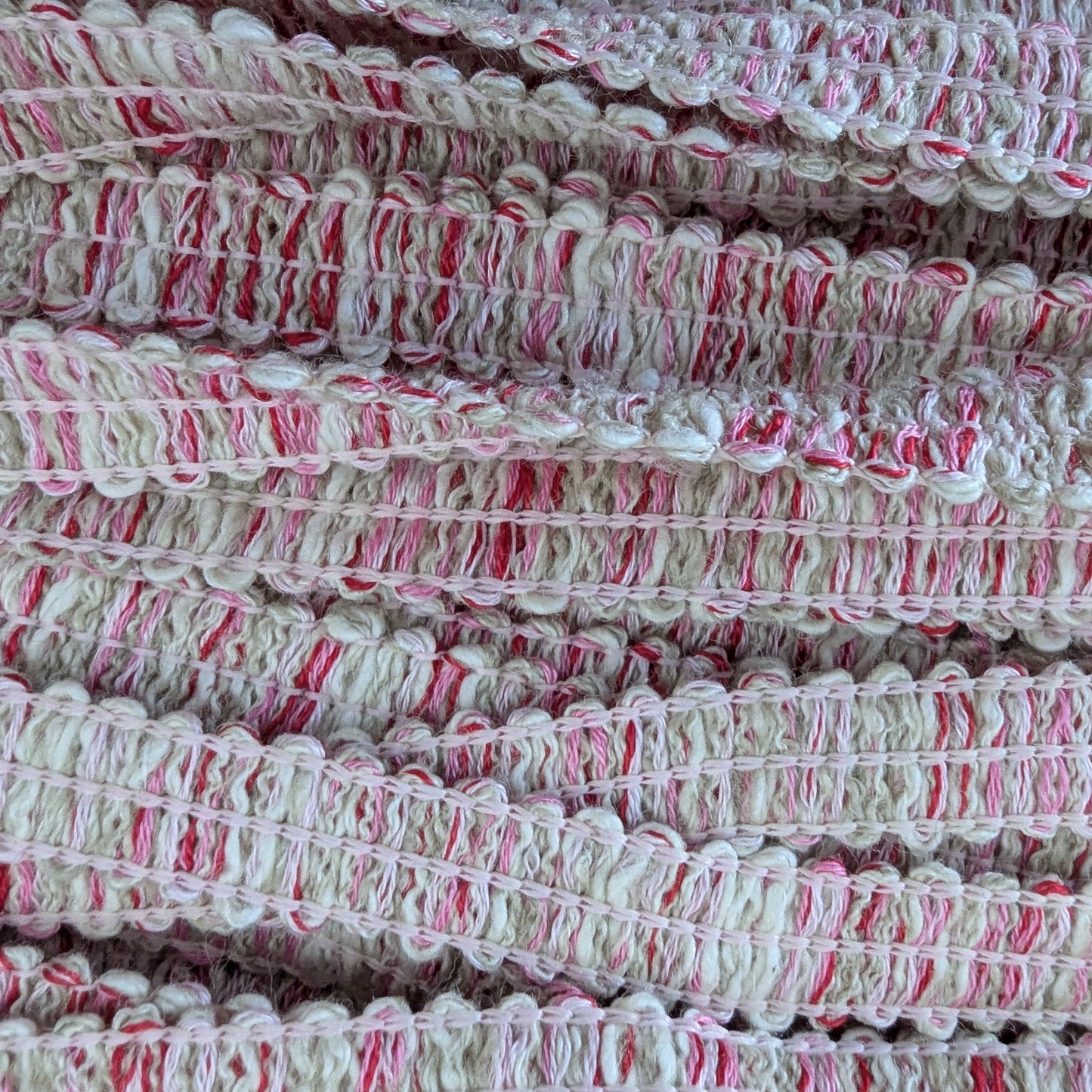 Gucci deadstock tweed trim, 1.8cm wide, with textured pink, red, and cream woven threads.
