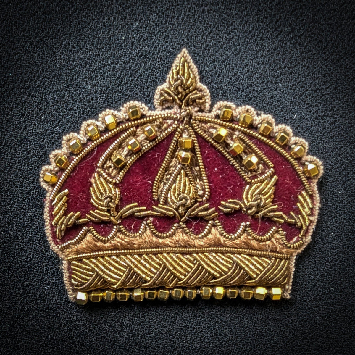 D&G 4cm x 4cm velvet and metal embroidered crown patch with gold beads and pearls.