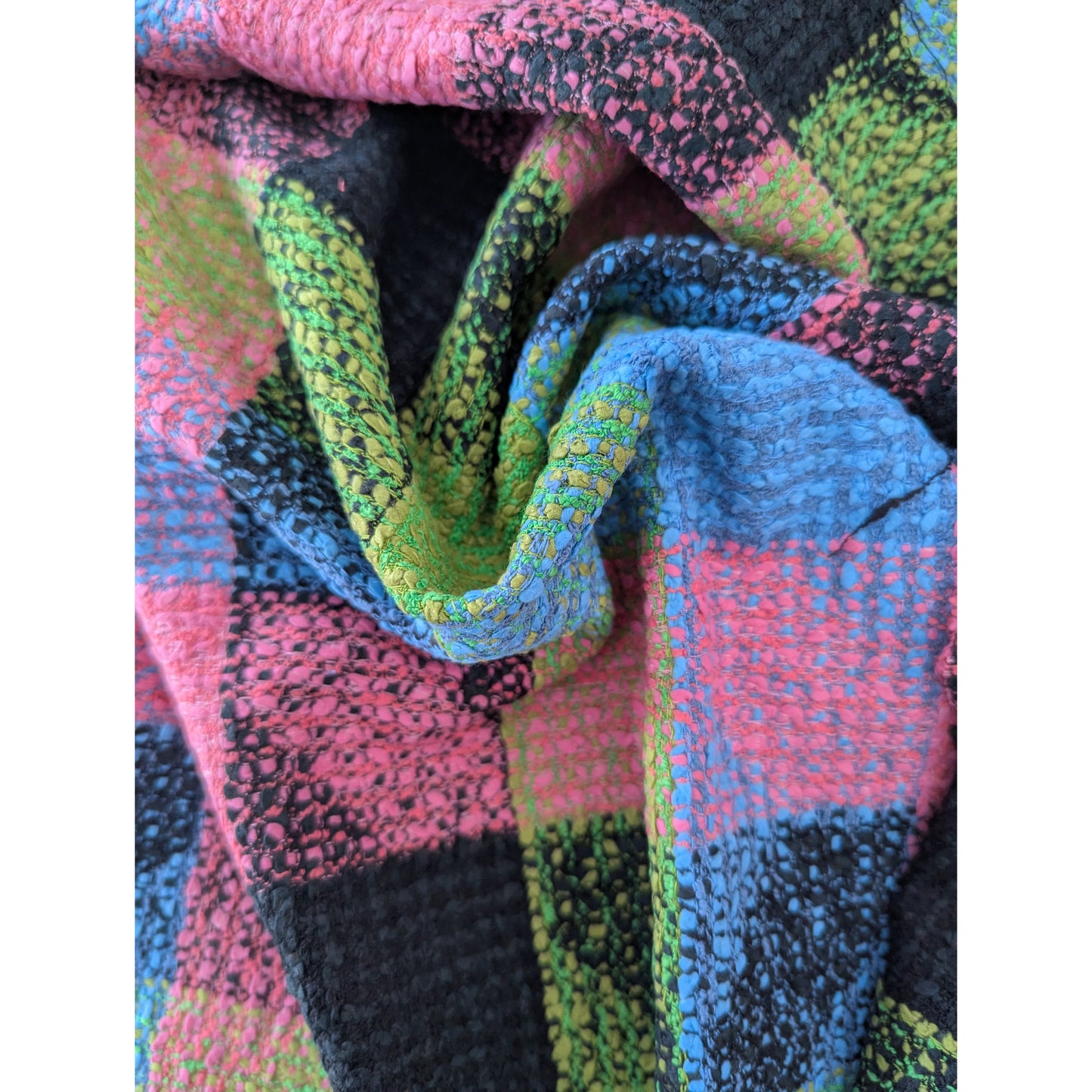 Deadstock G*cci cotton-viscose tweed fabric, 152cm wide, with a vibrant pink, blue, green, and black checkered pattern.