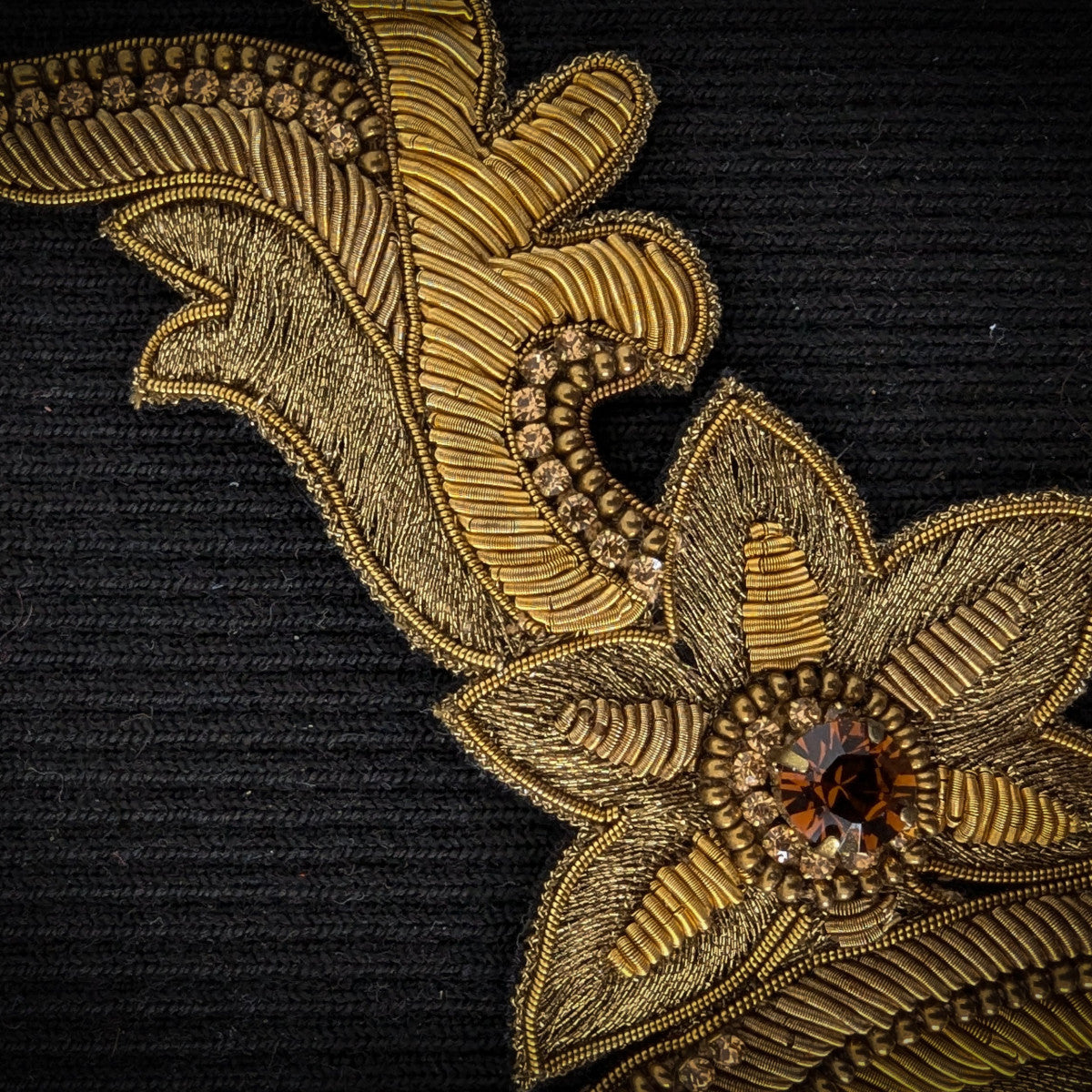 D&G 14cm gold metal embroidery patch with ornate floral design and amber jewel.