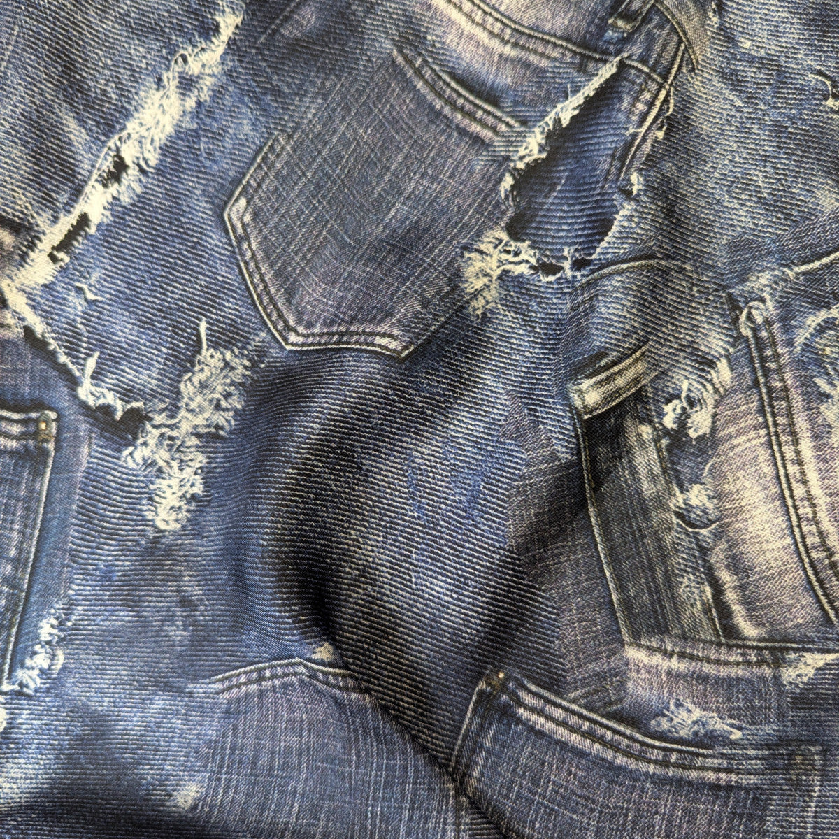 Einzelstück · Chiffon · Seide · Denimmuster · Blautöne · 180×130 cm · 60 g/m²