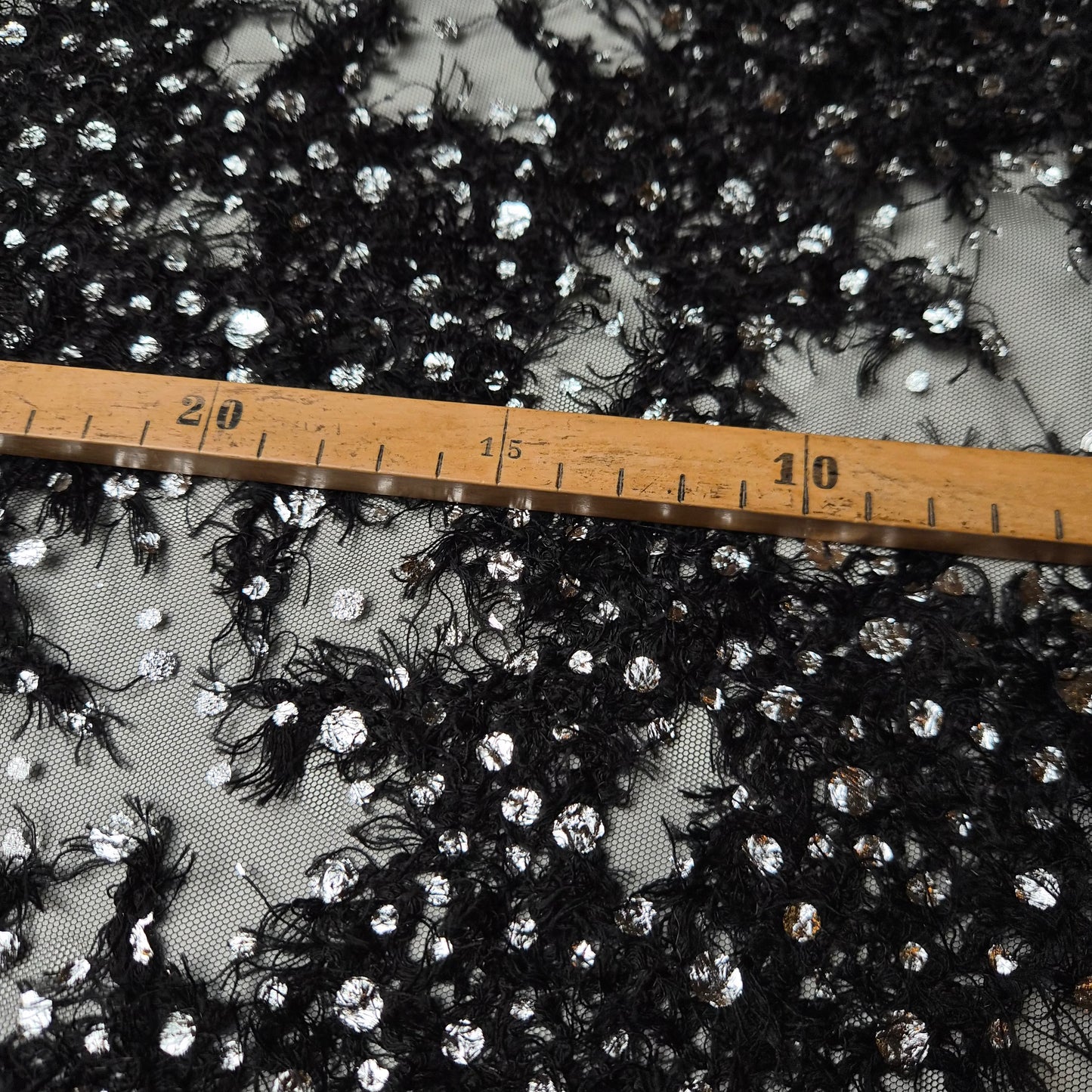 Meterware · Tüll · Bestickt · Polyester · Schwarz mit Silber · 120 cm