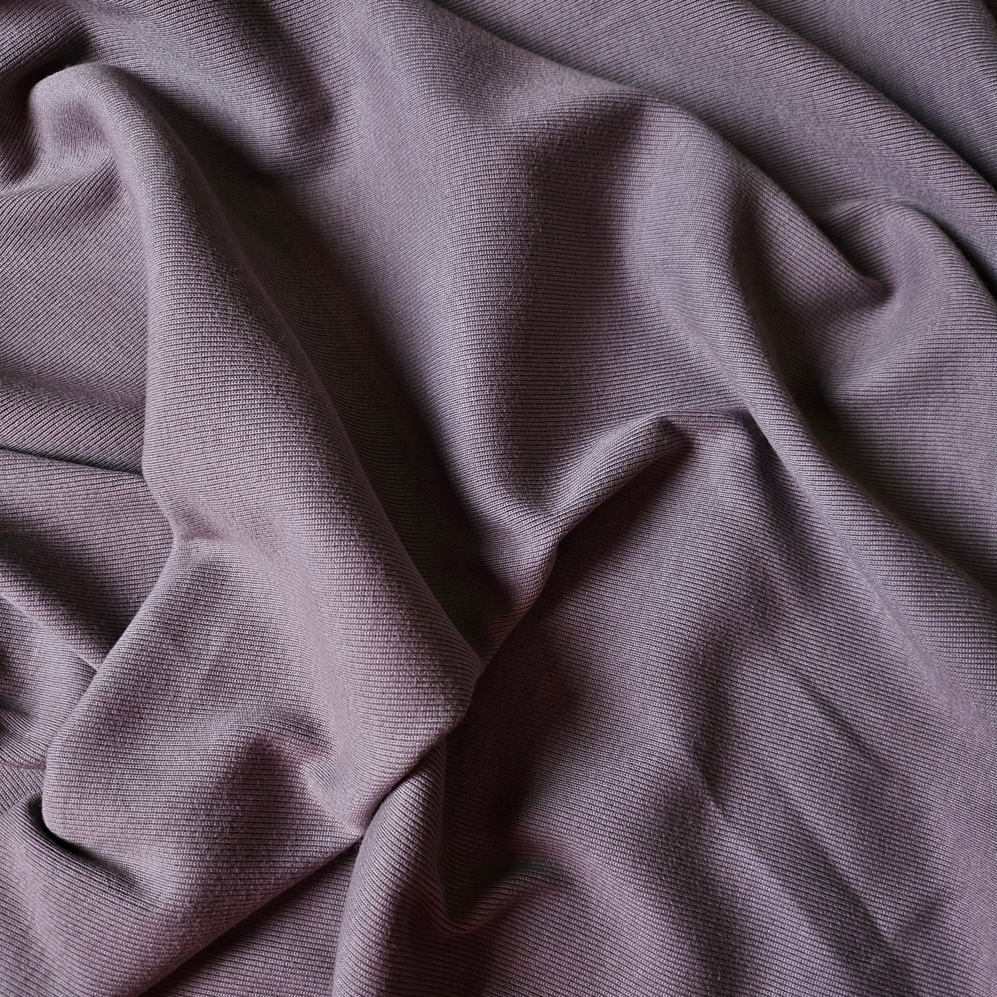 Draped Malve (Pantone) cotton rib knit deadstock fabric, 105 cm wide.