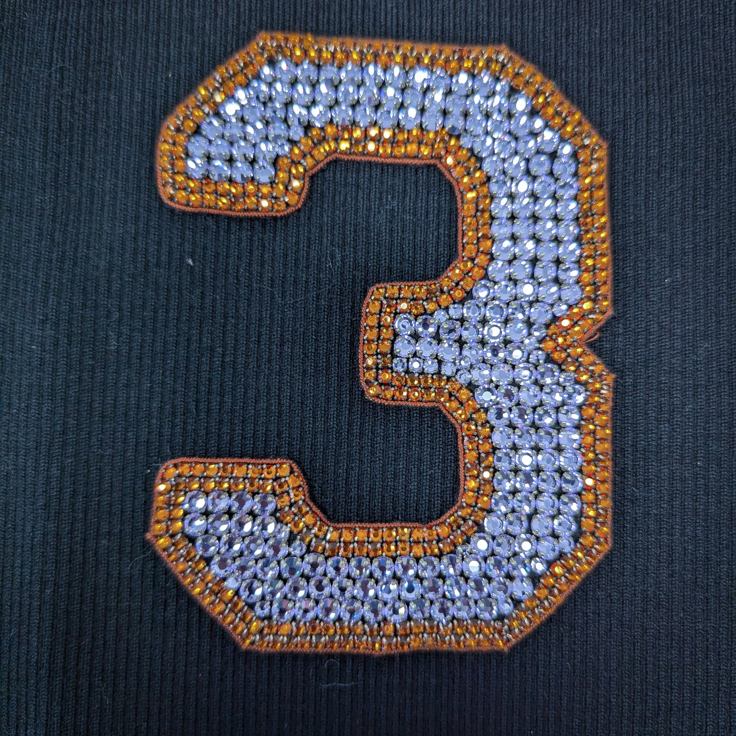 Embroidered D&G number 3 patch, 13cm, with sparkling silver rhinestones and amber beaded trim.