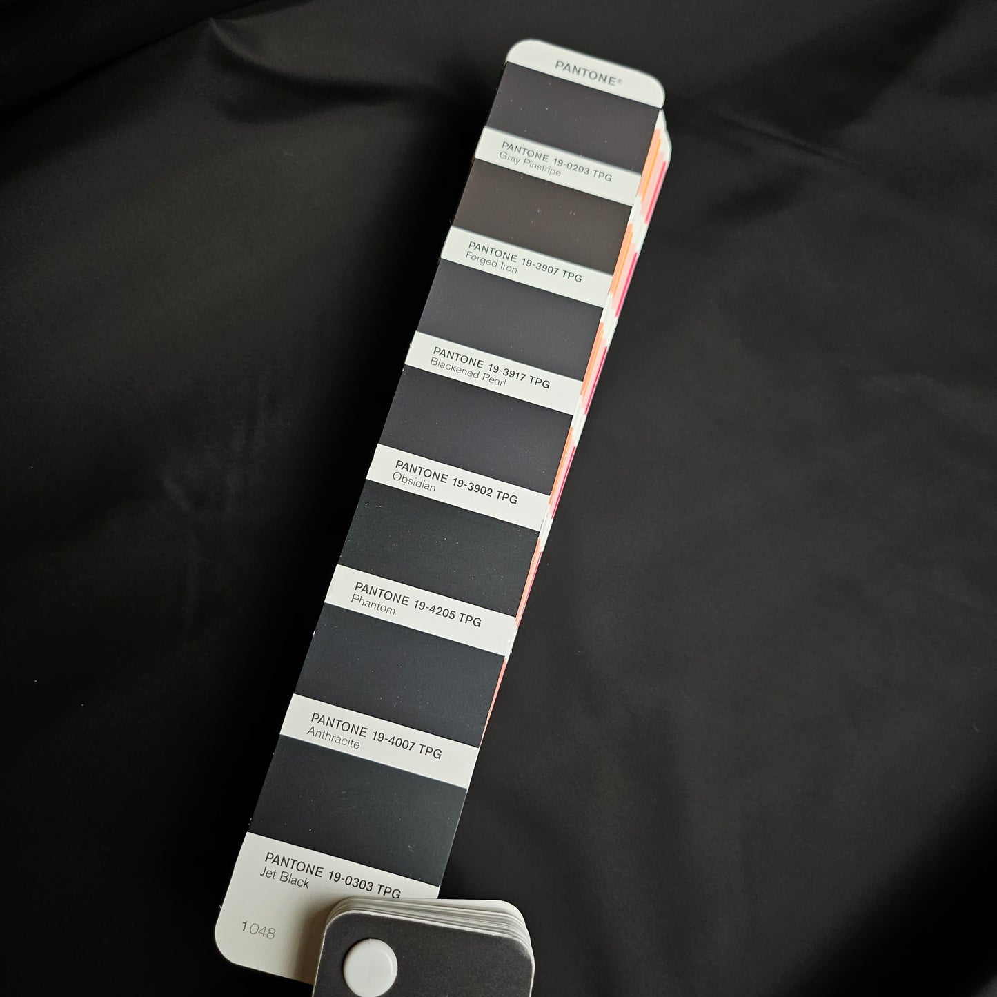 Jet black nylon deadstock fabric with a Pantone color swatch showing various dark shades.