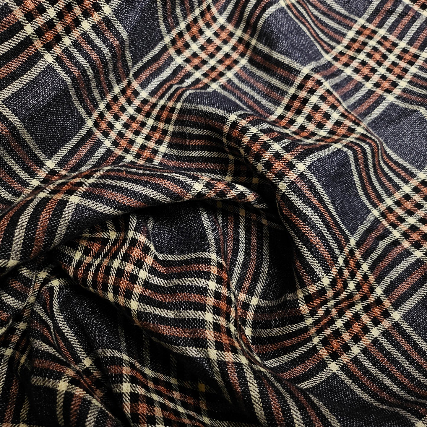 Deadstock G*cci linen-silk blend fabric, dark blue with brown and cream plaid pattern.