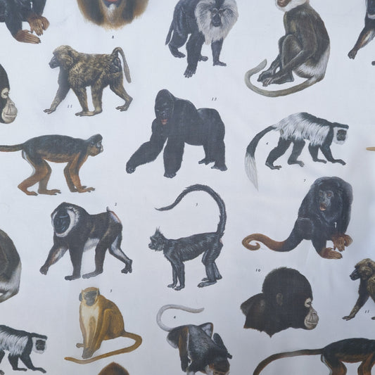 White silk chiffon fabric with various monkey illustrations in natural tones.