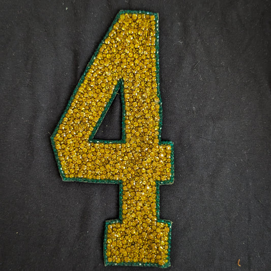 DG "4" patch, gold sequins, green border, 10x19cm, on black fabric.