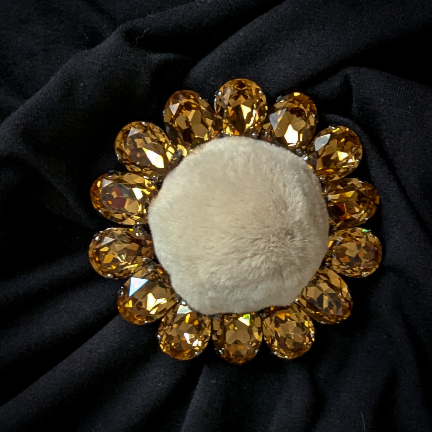 Gold Swarovski crystal and cream faux fur flower ornament, 8x8cm.