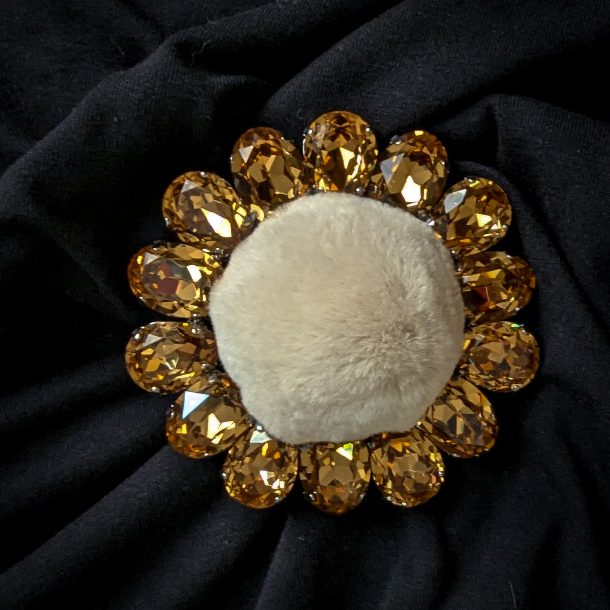 Gold Swarovski crystal and cream faux fur flower ornament, 8x8cm.