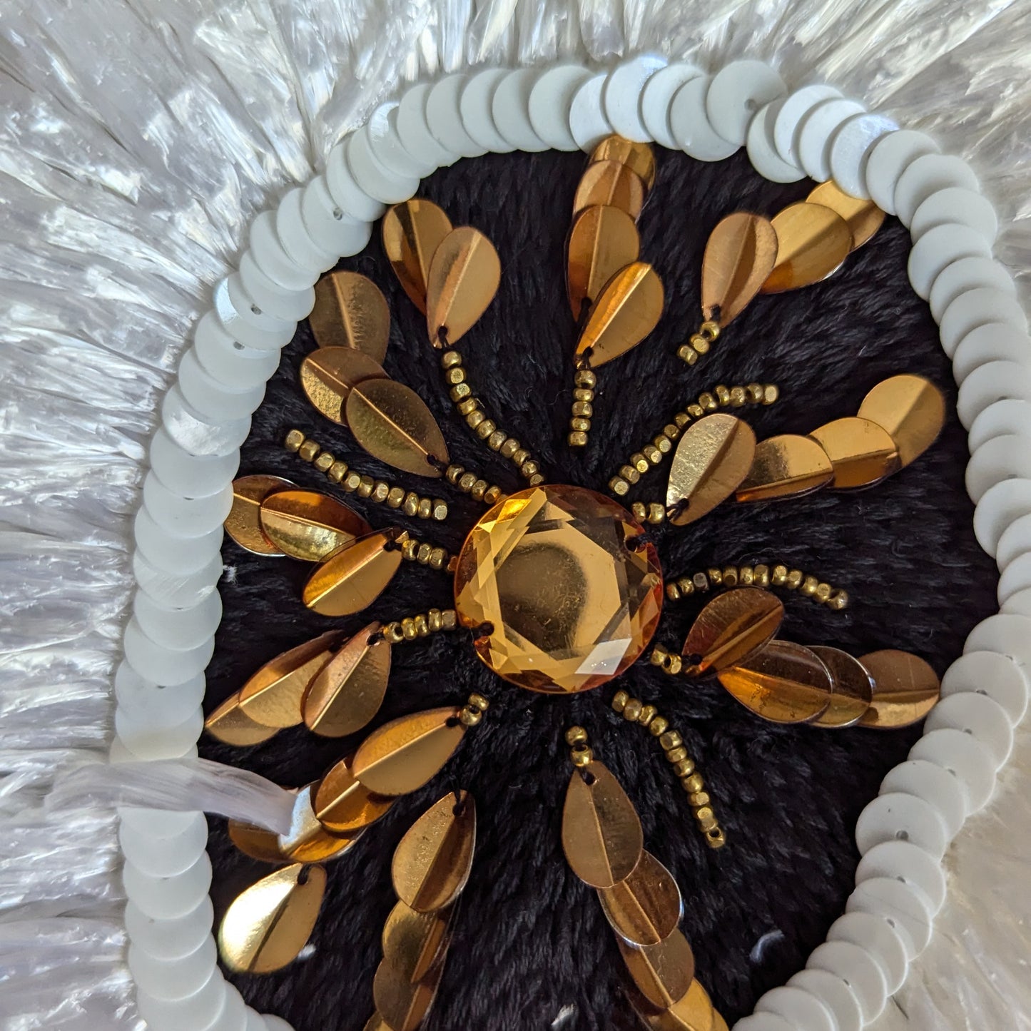 Black D&G 3D embellishment with gold Swarovski stones, sequins, and pearls, 20x27cm.