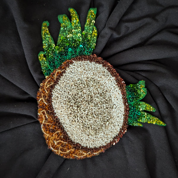 D&G deadstock coconut leaf patch, 14x18cm, with intricate brown, white, and green beads and sequins.