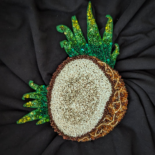 D&G coconut leaf patch, 14x18cm, with white beads, brown sequins, and green sequin leaves.