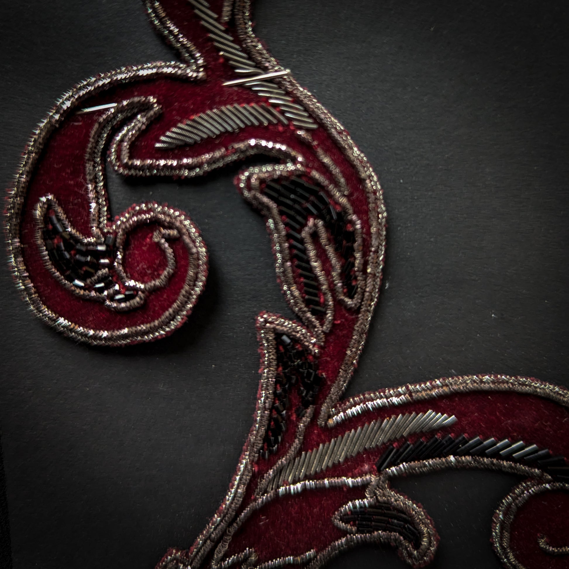 D&G red velvet patch with silver and black metal embroidery, 10x14 cm.