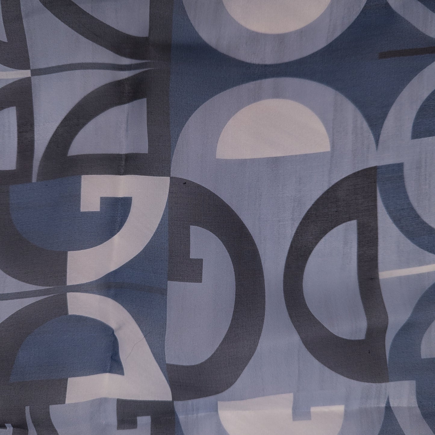 D&G deadstock blue and grey silk chiffon fabric panel with geometric letter pattern.