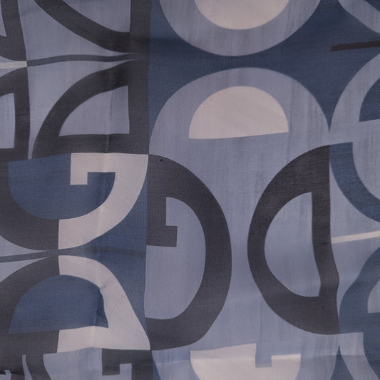 D&G deadstock blue and grey silk chiffon fabric panel with geometric letter pattern.