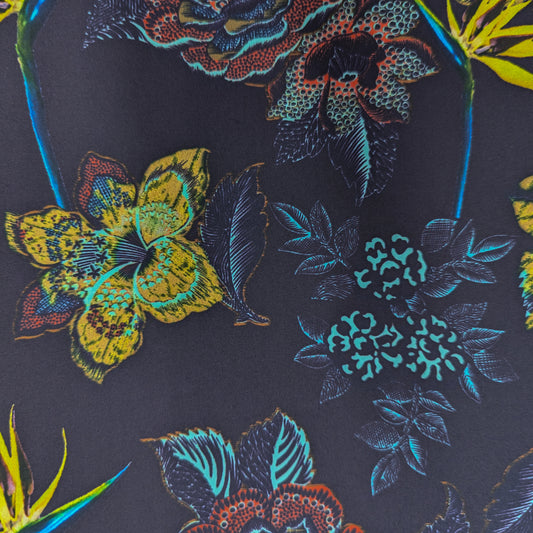 Matte, water-repellent parachute silk in Pantone Mysterioso with vibrant yellow, blue, and orange floral patterns.