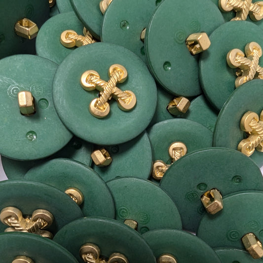 Six round, dark green buttons, each with a decorative gold metal element in a cross shape, about 3 cm.