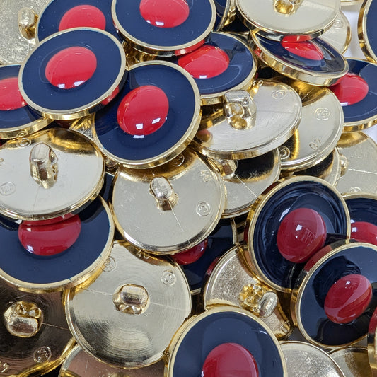 Gold-backed plastic buttons with a navy blue rim and glossy red center, 2 cm diameter.