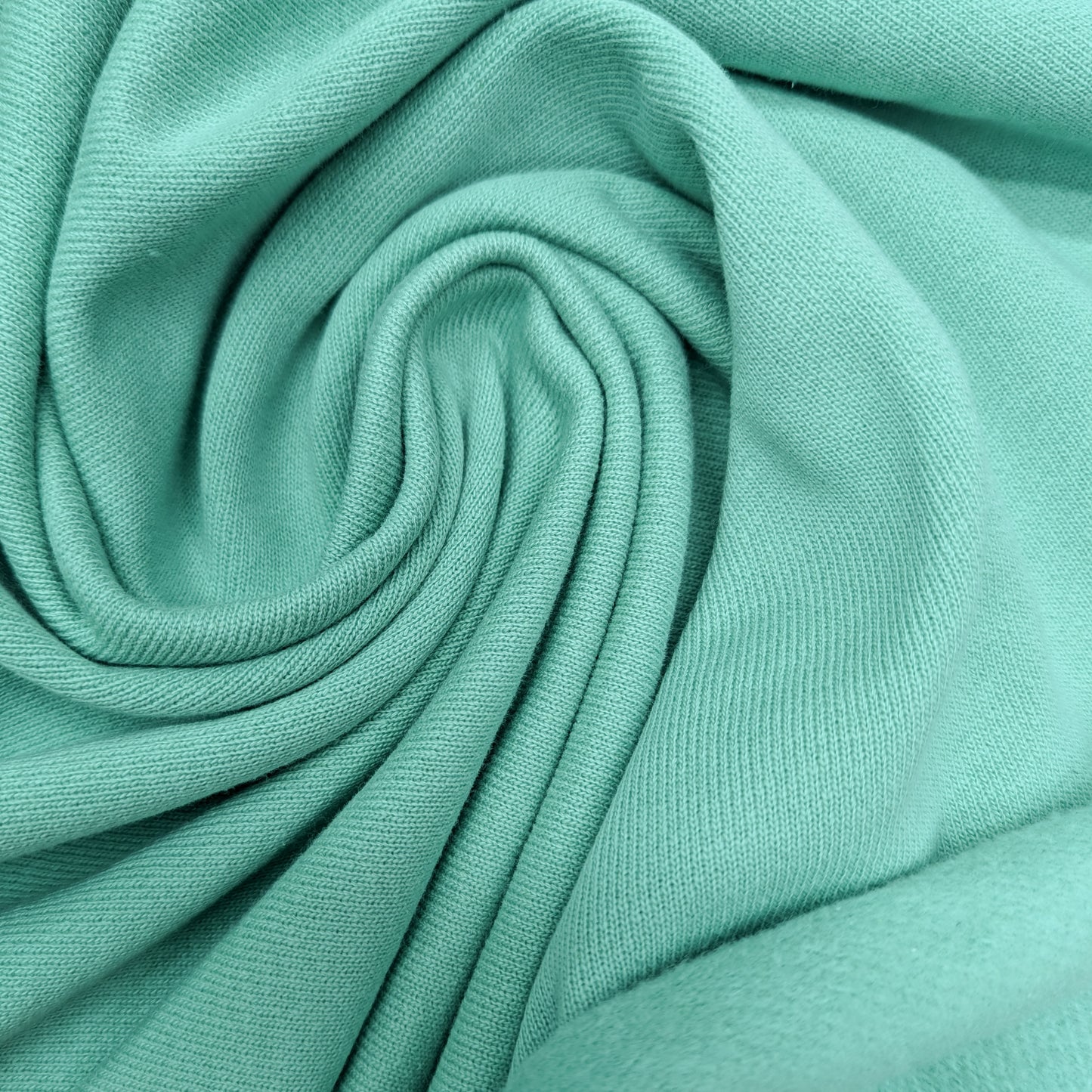 Deadstock sweatstoff in Pantone Pastel Green, 175 cm wide, with a soft, textured knit.