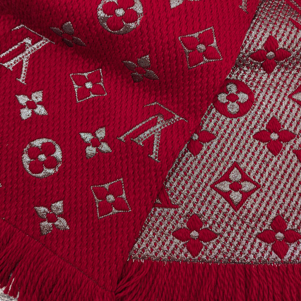 Deadstock Logomania scarf in dark red and silver with iconic monogram pattern and fringe, 140x140cm.