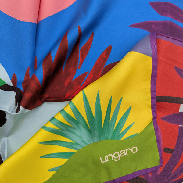 Ungaro 90x90cm silk scarf with vibrant blue, yellow, and red tropical print.