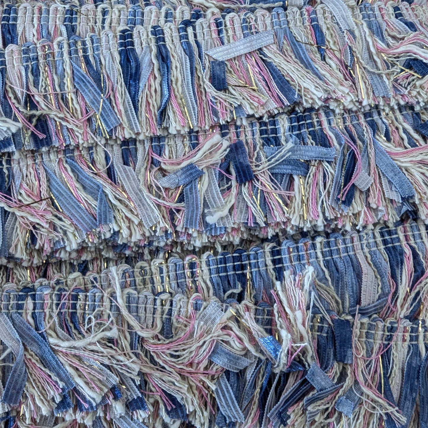 Gucci-style deadstock tweed trim, 100cm, with blue, pink, cream, and gold textured fringe.