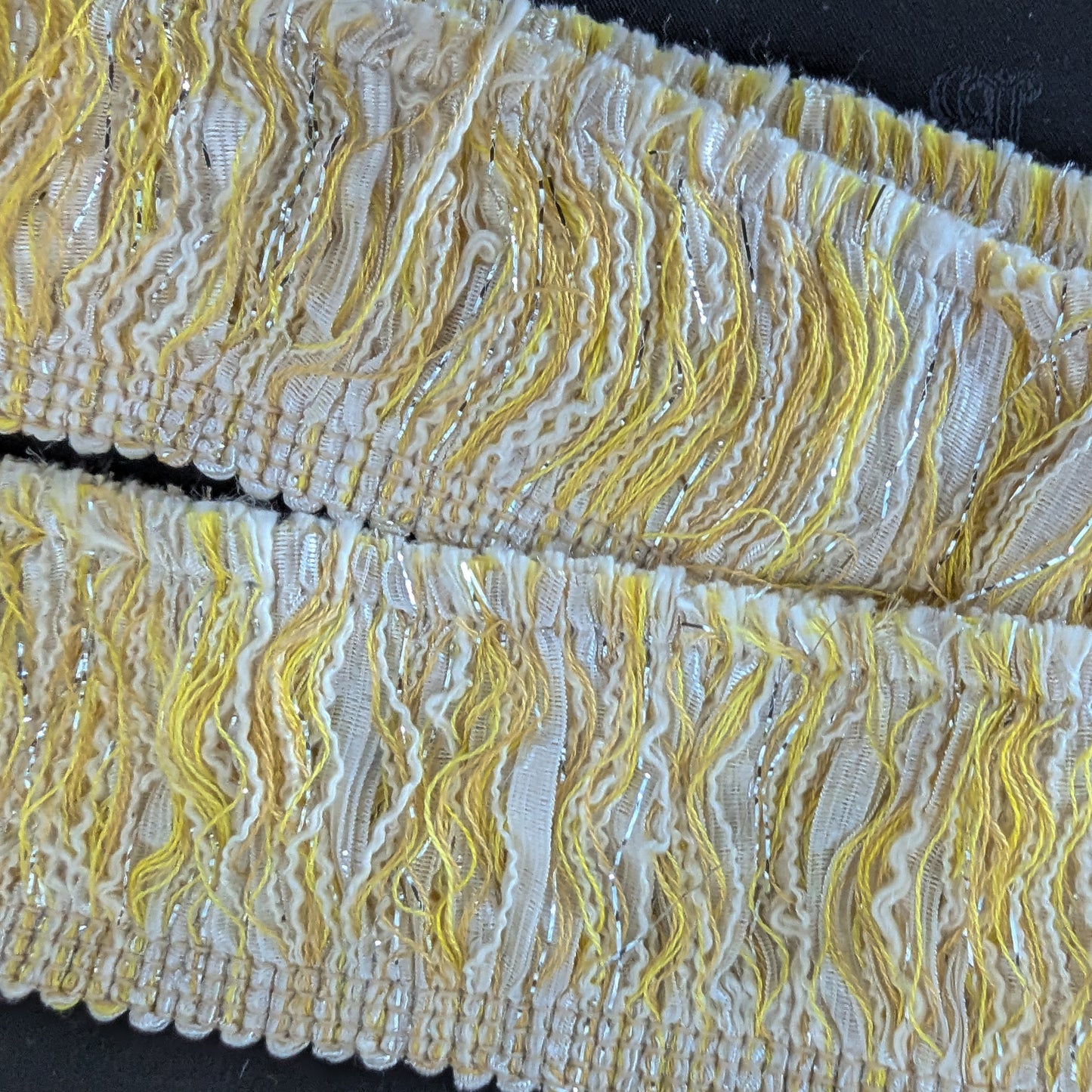 Gucci-style deadstock tweed trim, 100cm, with yellow, cream, and silver metallic fringe.