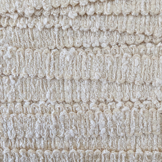 Beige tweed trim with textured, looped yarn and woven stripes, 1.8 cm wide.