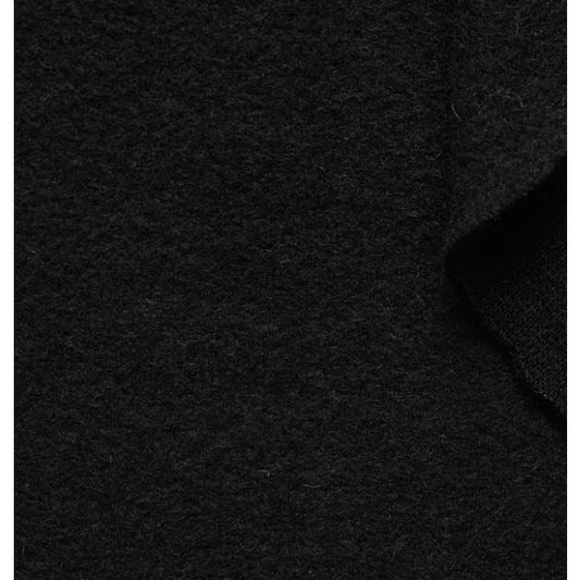 Close-up of soft, warm black camel knit fabric, 125 cm wide deadstock designer material.