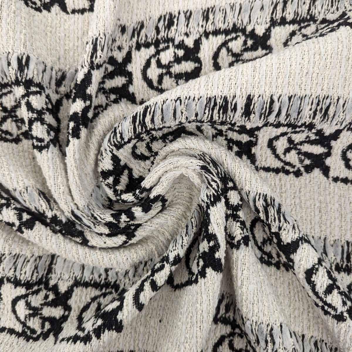 Pinko deadstock cotton tweed fabric, Pantone Coconut Milk with black Love Birds pattern, 150 cm wide.