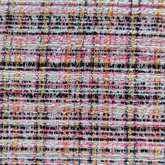 Deadstock tweed cotton blend fabric in Whisper White, pink, neon yellow, black, and Lurex plaid.