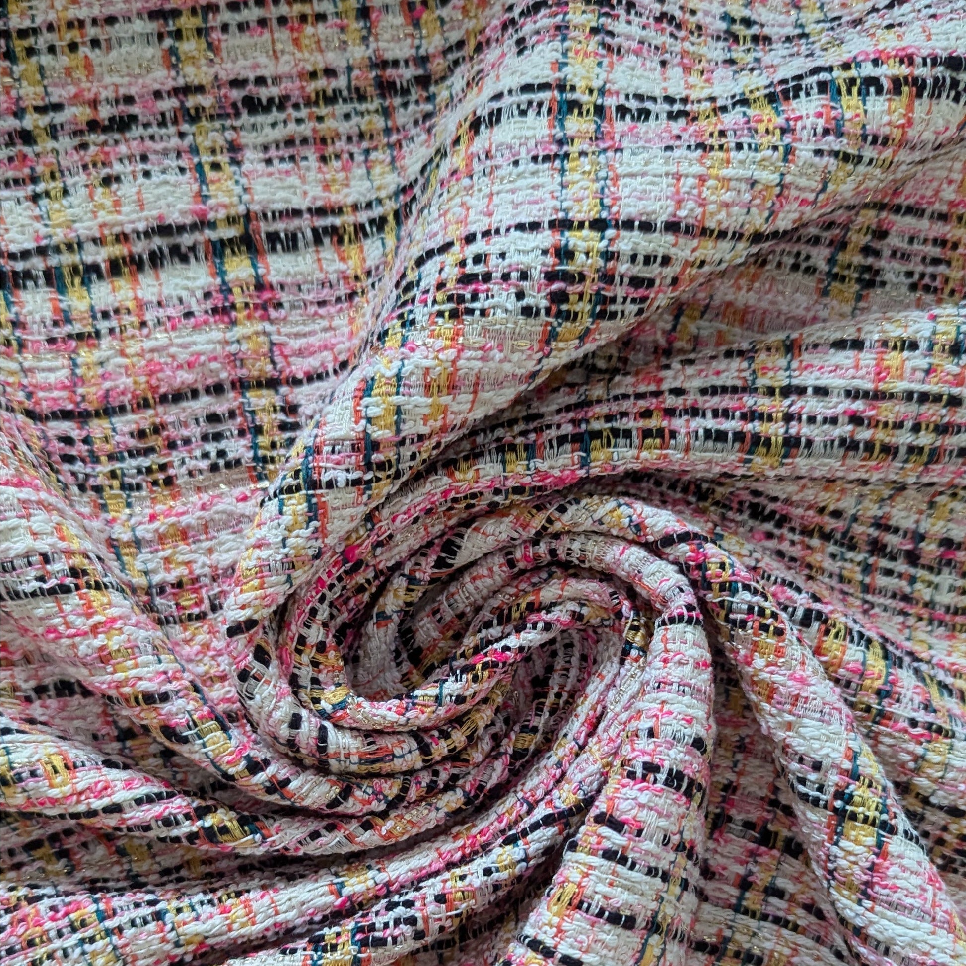 Deadstock tweed cotton blend fabric, Pantone Whisper White with pink, neon yellow, black, and Lurex.