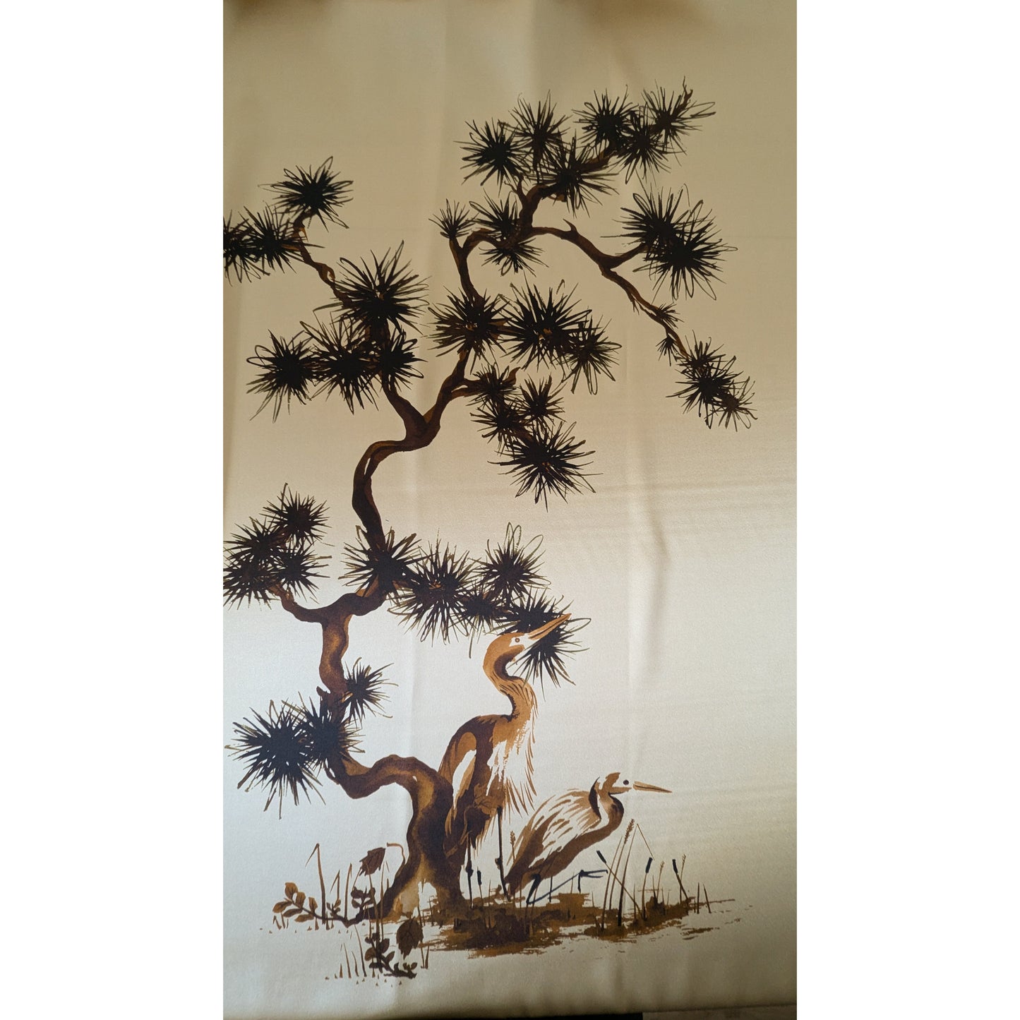 Gucci deadstock satin silk panel with brown crane and pine tree painting on a beige background.
