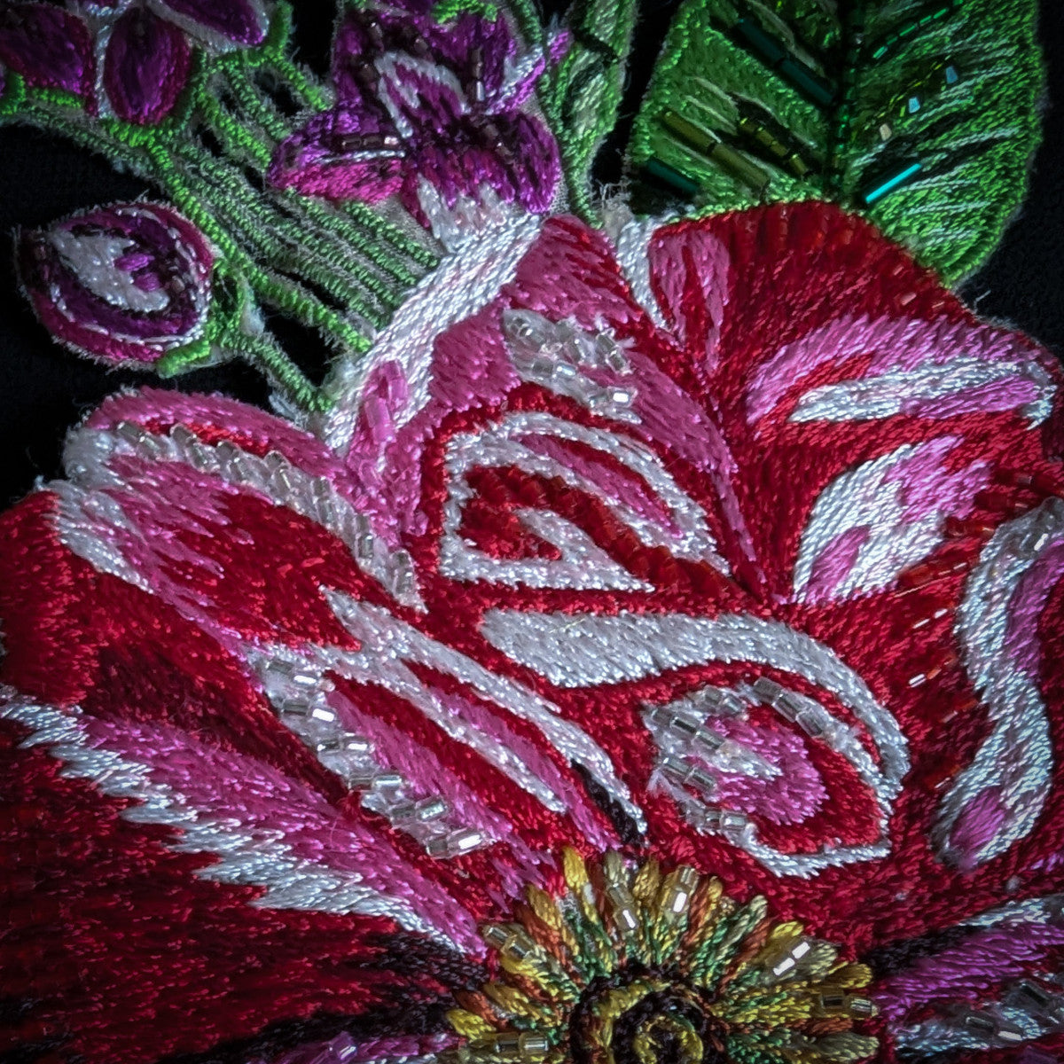 D&G floral patch, 9x16cm, embroidered with red, pink, white threads and delicate silver beads.