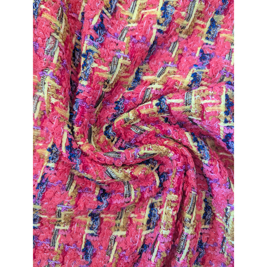 Deadstock G*cci Georgia Peach tweed fabric, 150cm, with red, yellow, blue, and pink threads.