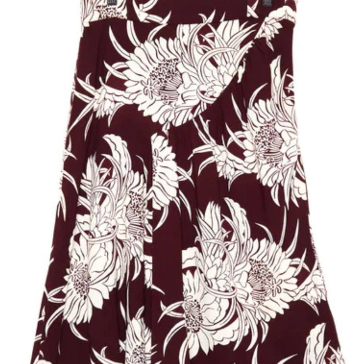 Deadstock P*ada viscose fabric, 50cm, with white floral pattern on a dark red background.
