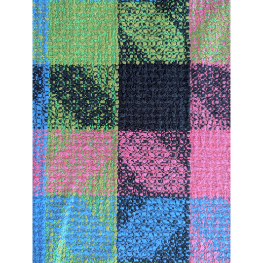 Deadstock G*cci tweed fabric, 152cm wide, with a colorful checkered pattern in blue, green, pink, and black.