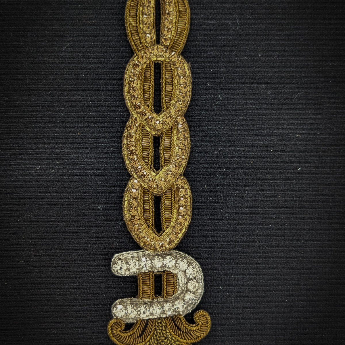 D&G patch, 18cm, with intricate gold metal embroidery and sparkling silver rhinestones on a black background.
