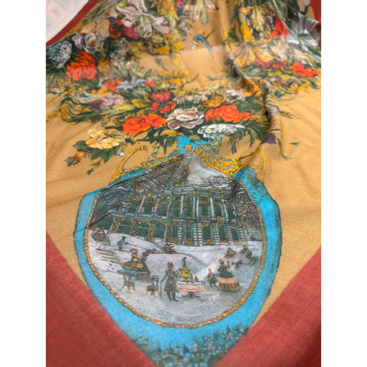 Beige silk-modal scarf panel with vibrant floral design and a central winter palace scene.