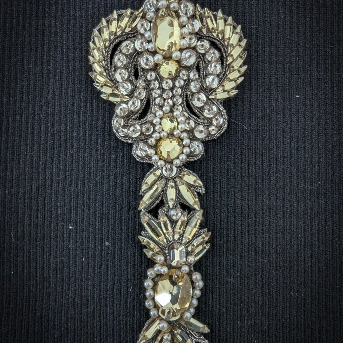 D&G patch, 15cm, with gold stones, pearls, and intricate silver metal embroidery on black fabric.