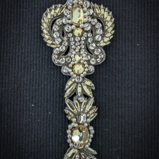 D&G patch, 15cm, with gold stones, pearls, and intricate silver metal embroidery on black fabric.
