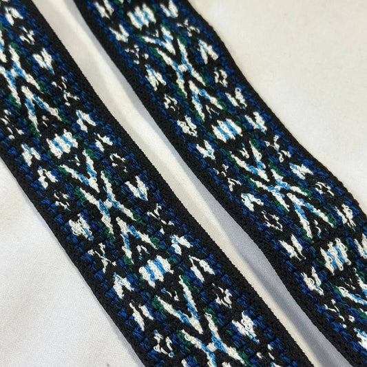 Black designer fabric band with blue, green, and white geometric pattern, 50 cm.