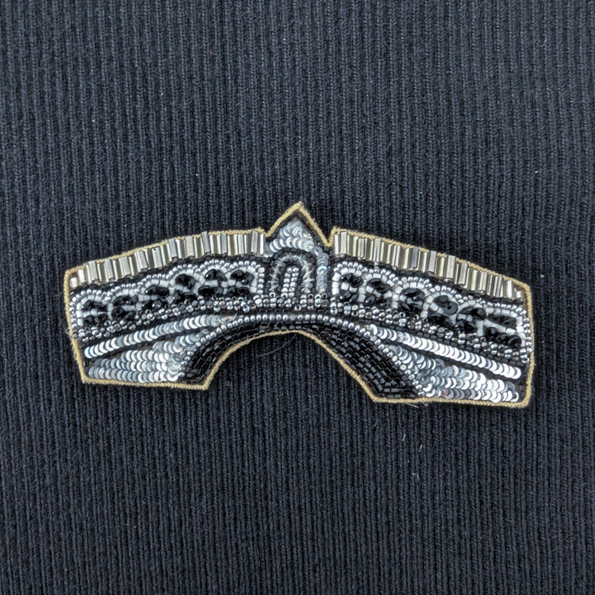 D&G Rialto Bridge patch, 10cm, with silver sequins and black bead embroidery on dark fabric.