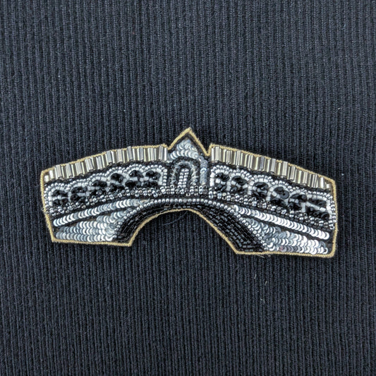 D&G Rialto Bridge patch, 10cm, with silver sequins and black bead embroidery on dark fabric.