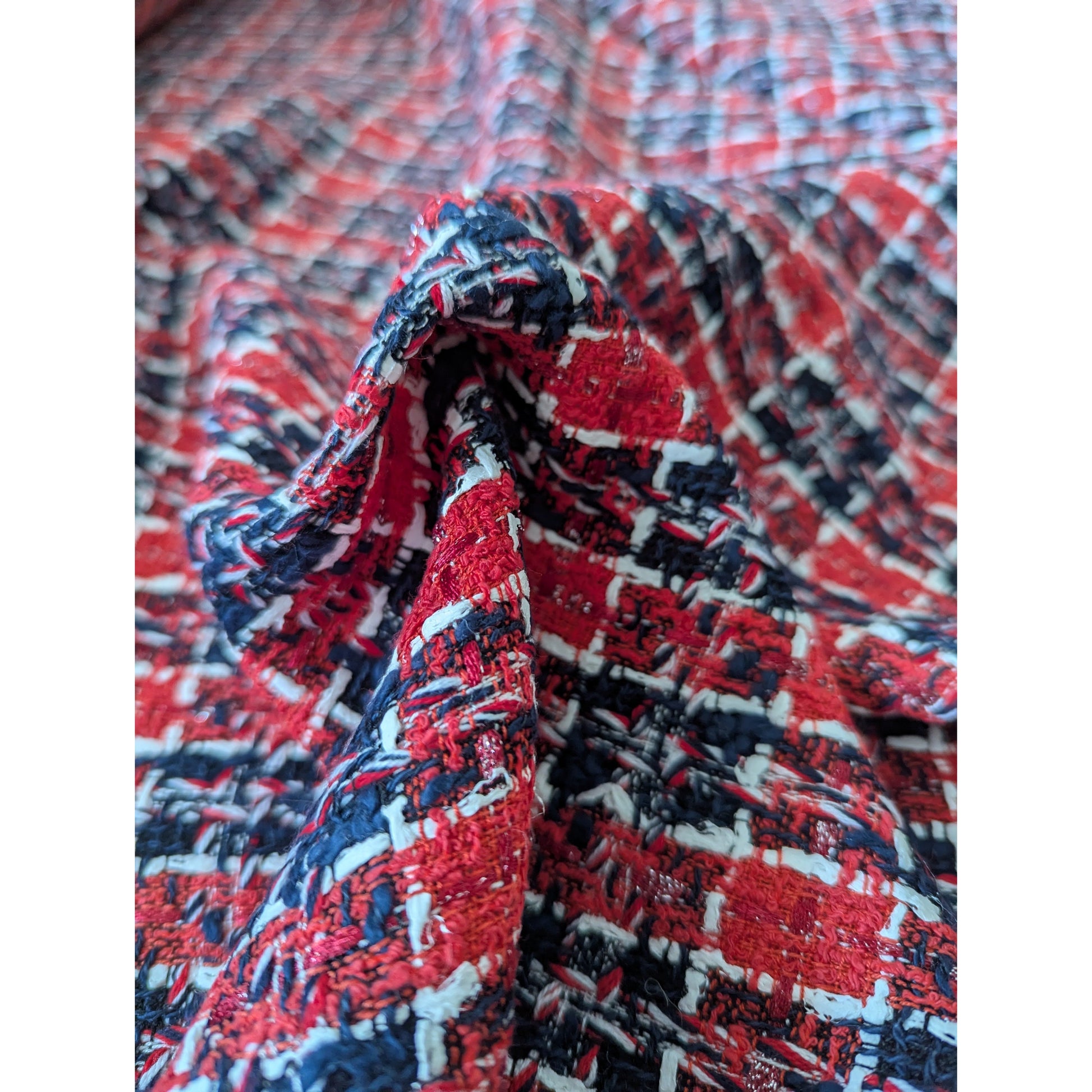 Deadstock G*cci tweed fabric, red, navy, and white woven cotton-viscose blend, 150 cm wide.