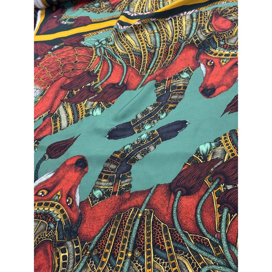 Sabina Savage deadstock silk scarf panel, 90x90cm, with a vibrant red fox motif on a teal background.