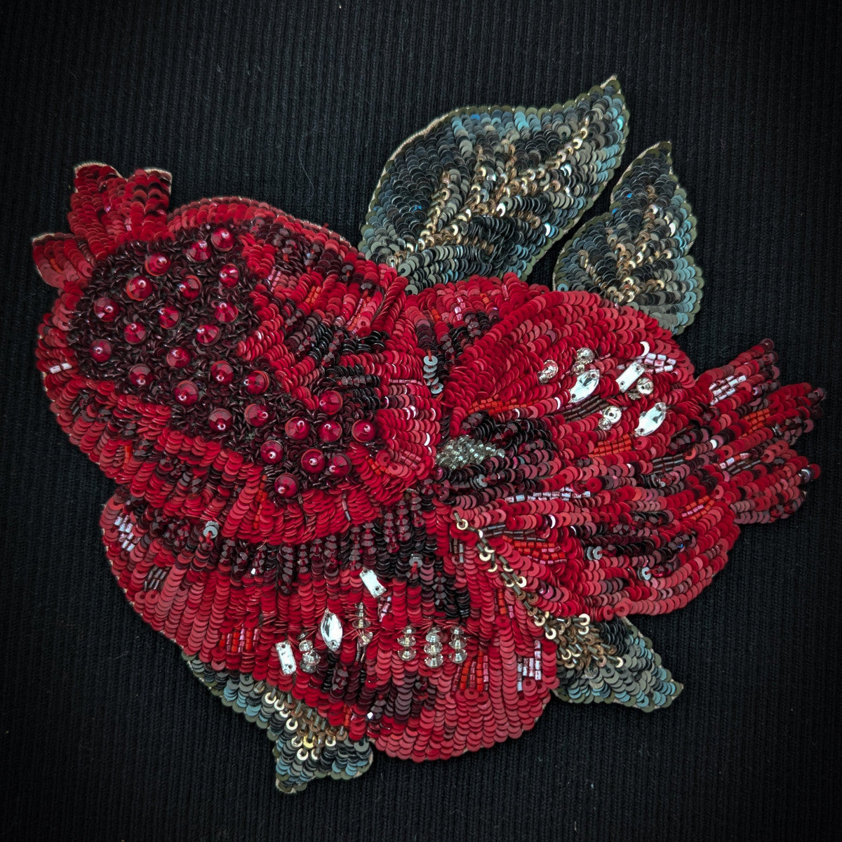 D&G red rose patch, 25cm, with sequins and pearls on black fabric.