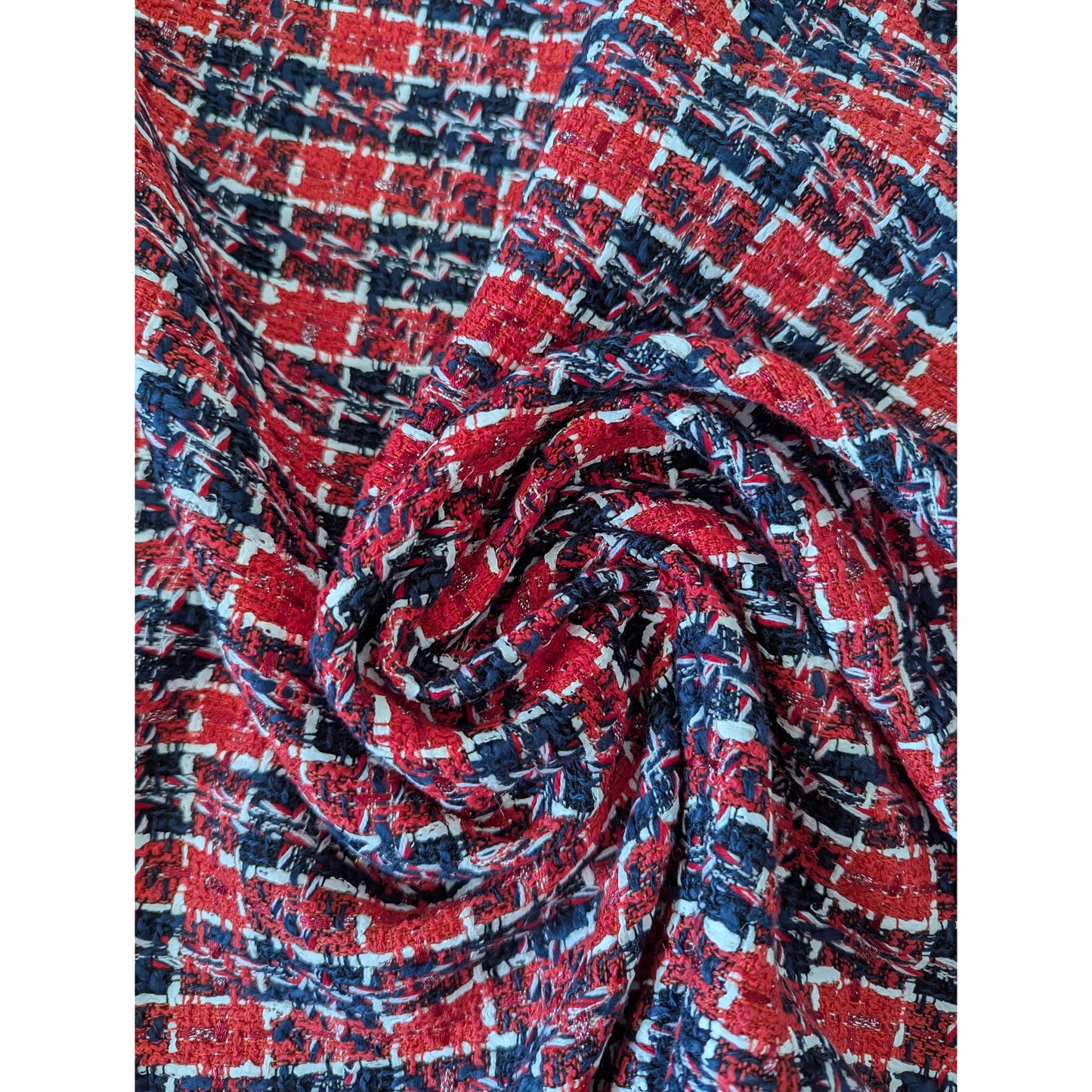 Red, navy, and white tweed deadstock fabric, 150cm wide, with a textured weave.